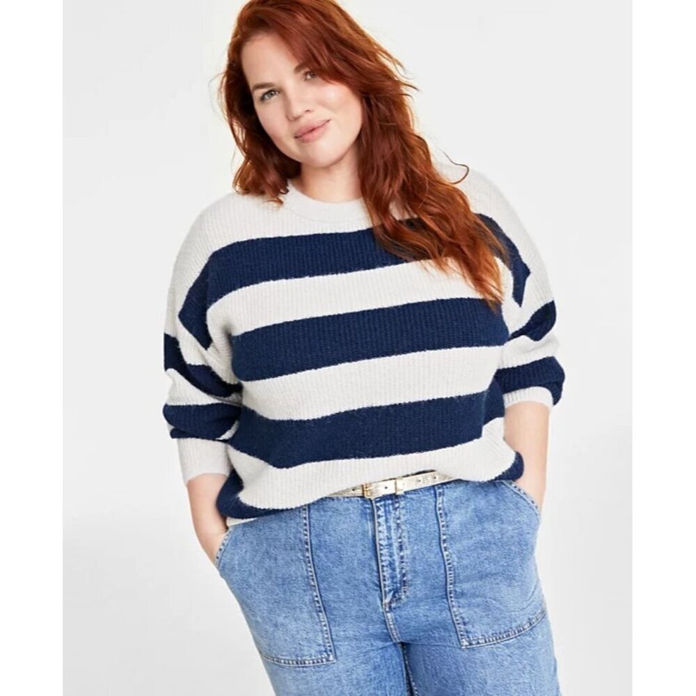 On 34th Womens Plus Size 2X Shaker Crewneck Long-Sleeve Sweater in Blue $59
